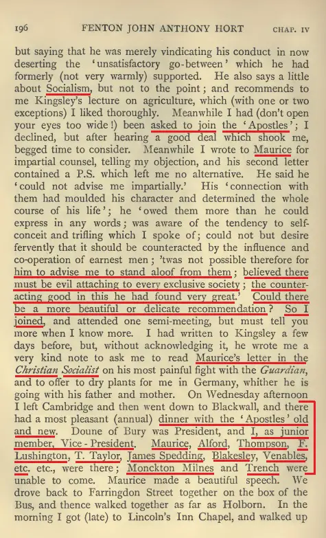 Page showing Hort’s Apostles recommendation and the acknowledged evil of exclusive society.