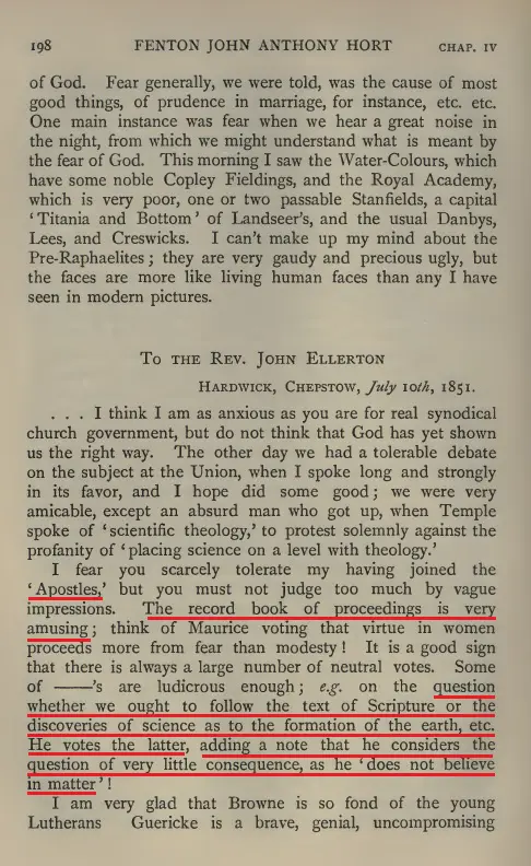 Highlighted page showing Hort siding with science over Scripture and adding that he does not believe in matter.