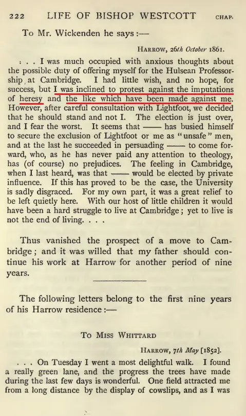 Page showing Westcott protesting against imputations of heresy.