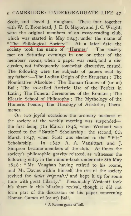 Highlighted page showing the Philological Society taking the name Hermes.