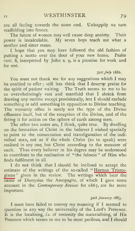 Highlighted scan from Westcott volume 2 page 79 mentioning Hermes Trismegistus.